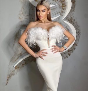 Off Shoulder Midi Feather Dress
