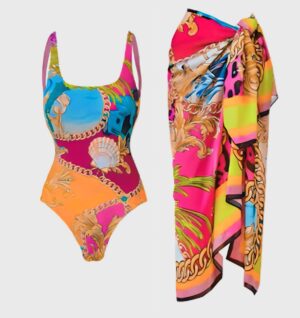 Colorful Seashell One Piece Bathing Suit With Flowy Skirt Cover-Up